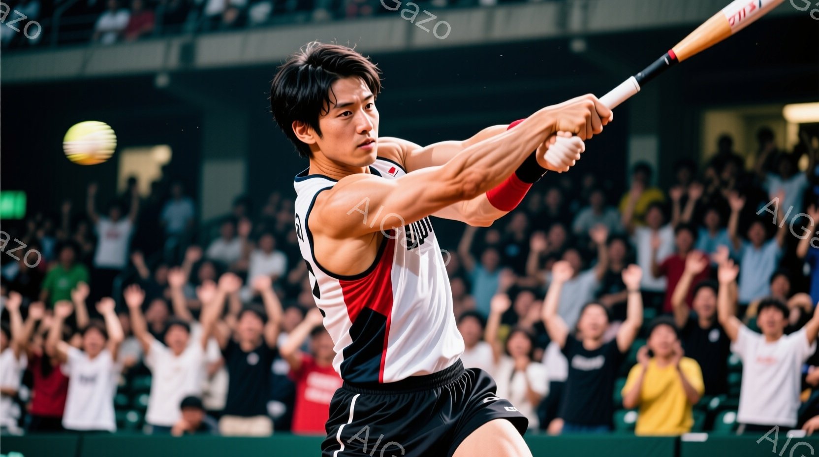 野球選手がスイングしている瞬間を捉えた写真です。赤と黒のユニフォームを身につけ、集中した表情でバットを振り抜いています。背景には観客席が見え、熱狂的な雰囲気が伝わってきます。 - AI生成フリー素材