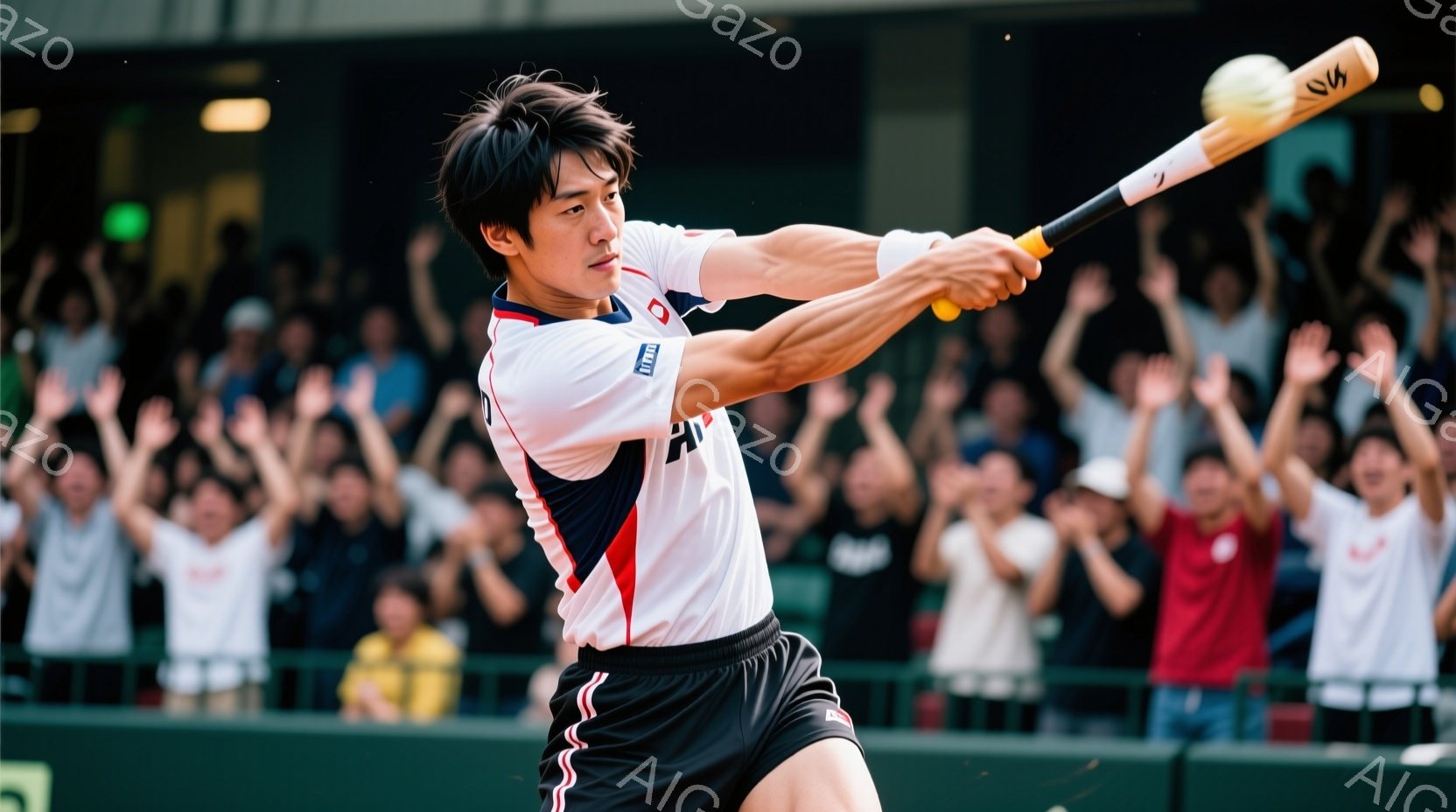 野球選手がバッティングフォームで写っており、白いユニフォームに赤と青のラインが入ったユニフォームと黒いショーツを着用している。髪型は短髪で、力強い表情でバットを振っている。背景には観客席が広がり、多くの人々が手を挙げて応援している様子がぼやけて写っており、活気のある試合の雰囲気が伝わってくる。