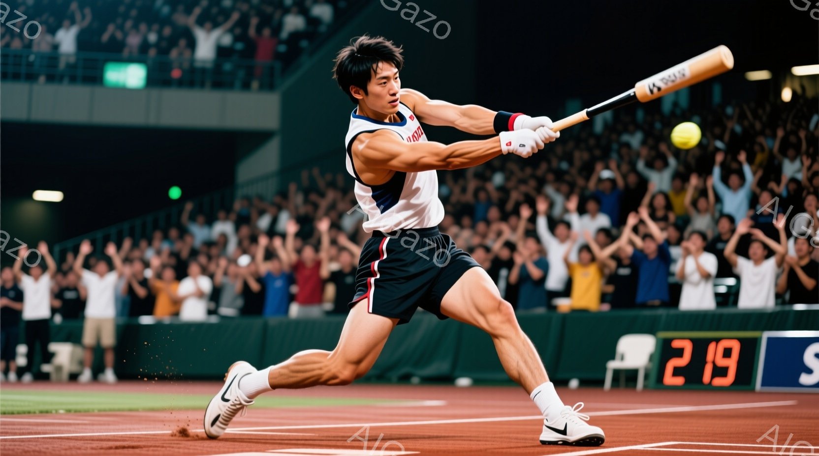 野球選手がスイングしている瞬間を捉えた写真です。赤と白のストライプのユニフォームと黒のショートパンツを着用し、強い表情で力強くバットを振っています。背景には観客席が広がり、応援の熱気が感じられます。