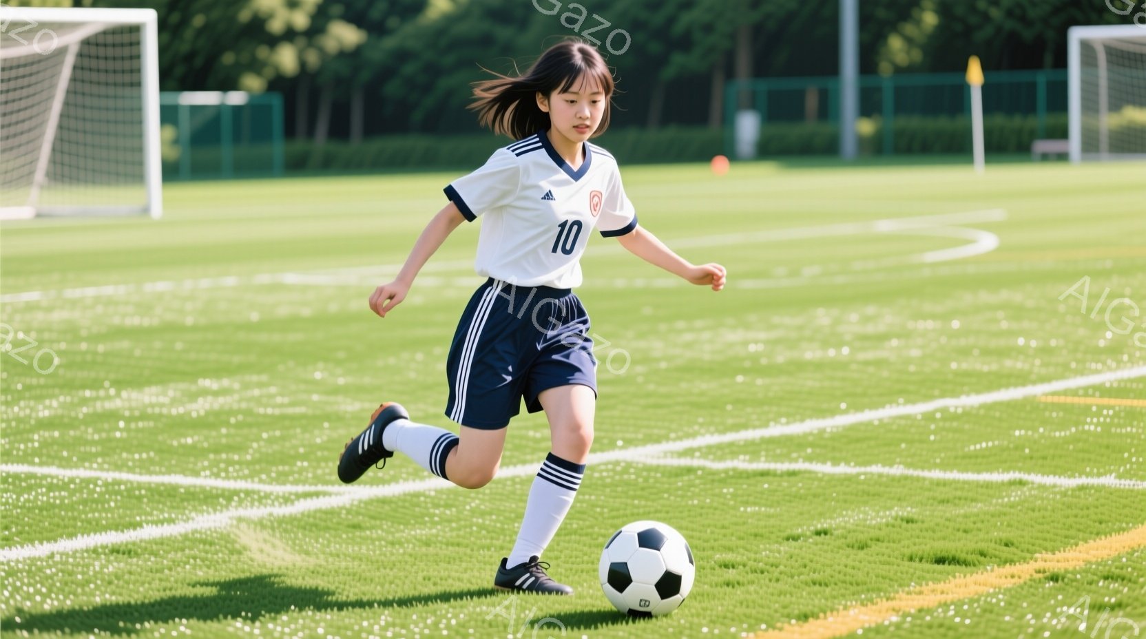 茶髪をポニーテールにした少女が、サッカーボールをドリブルしながら走っている。白いシャツに紺色のショートパンツ、白いソックスと黒いスパイクを履いている。背景には緑のサッカー場とゴールネット、そして遠くに - AI生成フリー素材