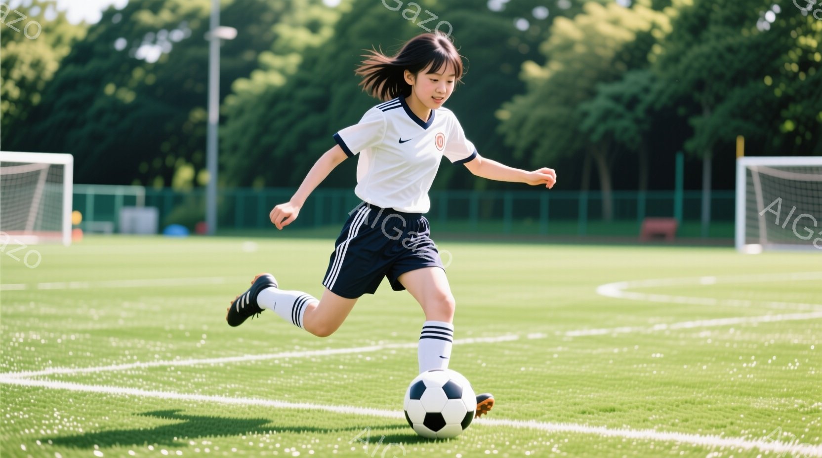 この少女はサッカー場でボールを蹴っている途中である。白い半袖シャツに黒いショートパンツ、ハイソックスを履いており、髪はポニーテールになっている。背景には緑の芝生とサッカーゴール、そして遠くに見える建物 - AI生成フリー素材