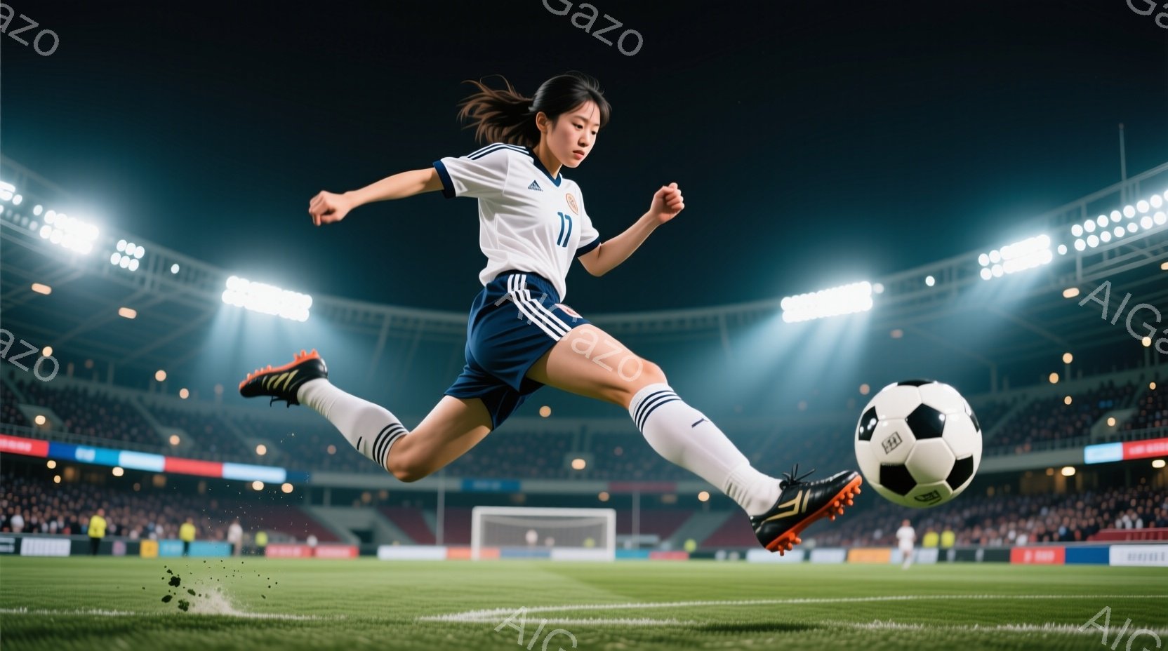 サッカー選手と思われる女性が、白と紺色のユニフォームとソックス、スパイクを履いて、ボールを蹴る瞬間を捉えた写真です。彼女は髪をポニーテールにし、空中での足の動きはダイナミックで、力強くボールに蹴り込ん - AI生成フリー素材