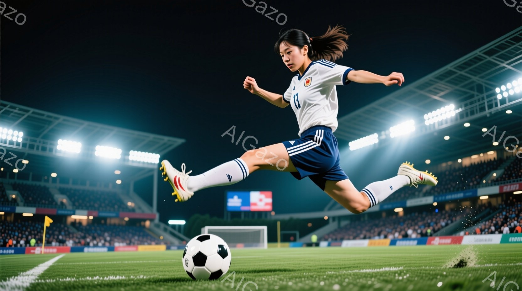 サッカー選手がキックオフの瞬間を捉えた写真で、白いユニフォームと紺色のショートパンツを着用し、髪はポニーテールに結ばれています。彼女はボールを蹴り出すために片足を高く上げ、力強い姿勢で構えています。背 - AI生成フリー素材