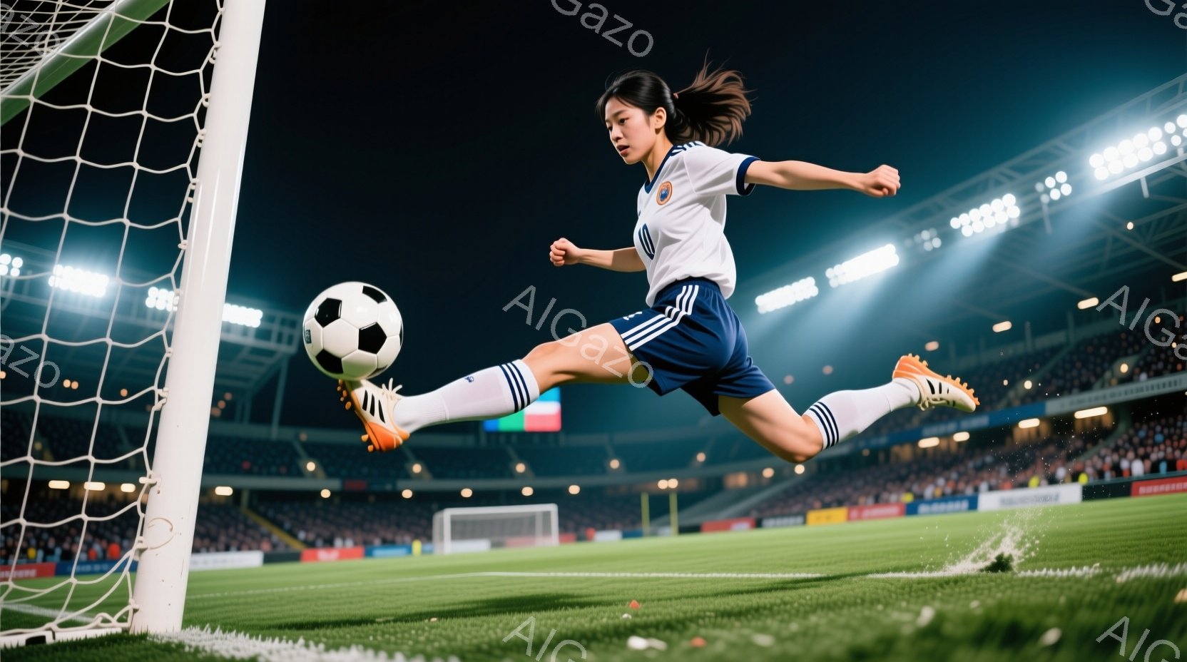サッカー選手が空中でのシュートを試みている様子が写っている。白と紺色のストライプのユニフォームを着用し、髪はポニーテールに結ばれている。背景には観客席と夜のスタジアムの明かりが見え、試合の熱気を感じさ - AI生成フリー素材