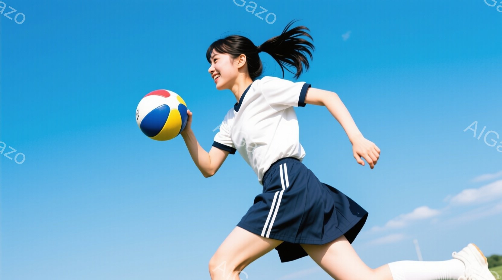 制服姿の女性が、青空の下を走りながらバレーボールを持っている。彼女は紺色のスカートと白いシャツを着ており、ポニーテールにしている。背景は緑の芝生と澄んだ青空で、明るく活気のある雰囲気が漂っている。 - AI生成フリー素材