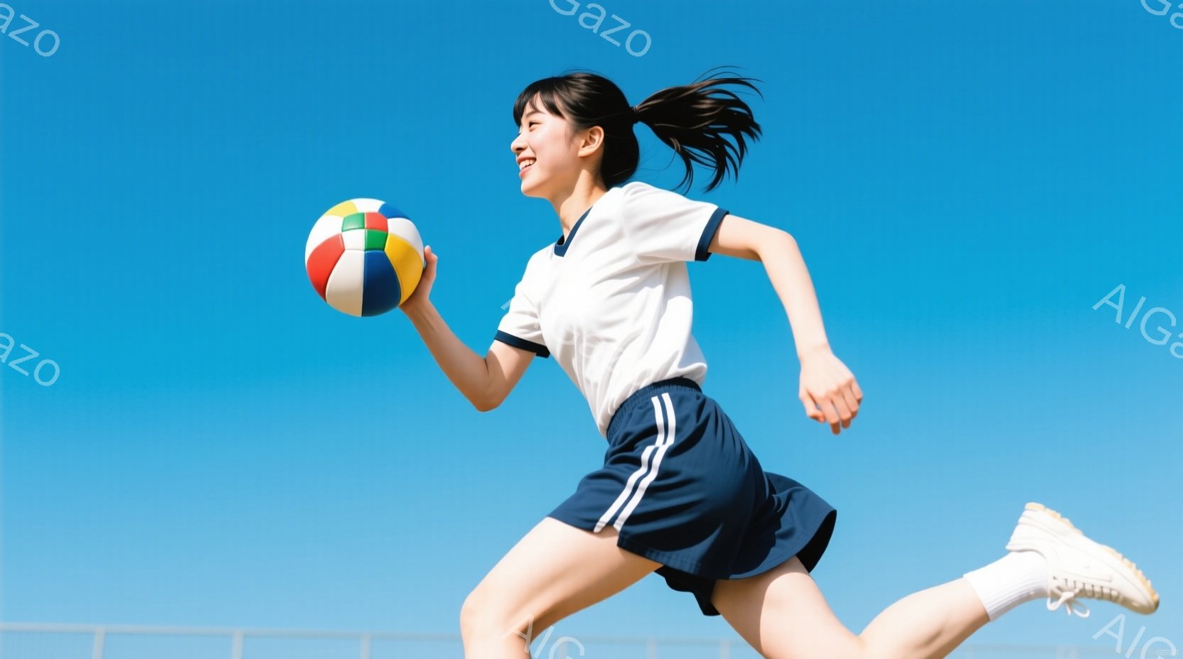 短いポニーテールにした女性が、青いトラックを走りながらボールを持っています。彼女は白い襟と袖の付いた紺色のスポーツウェアを着ており、顔には明るい笑顔が見られます。背景は晴れた青空で、活気に満ちた運動の - AI生成フリー素材