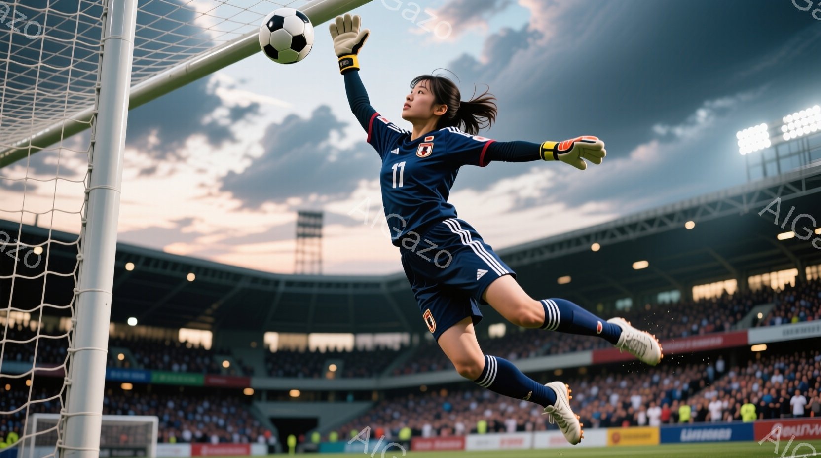 競技場で空中でボールをキャッチしようとしている女性サッカー選手が写っている。彼女は日本代表のユニフォーム（青色、白色のストライプ、背番号11）を着ており、髪はポニーテールに結ばれている。背景には観客席が広がり、空は薄曇りで、競技場の照明が点灯し始めており、迫力のある試合の雰囲気が伝わる。