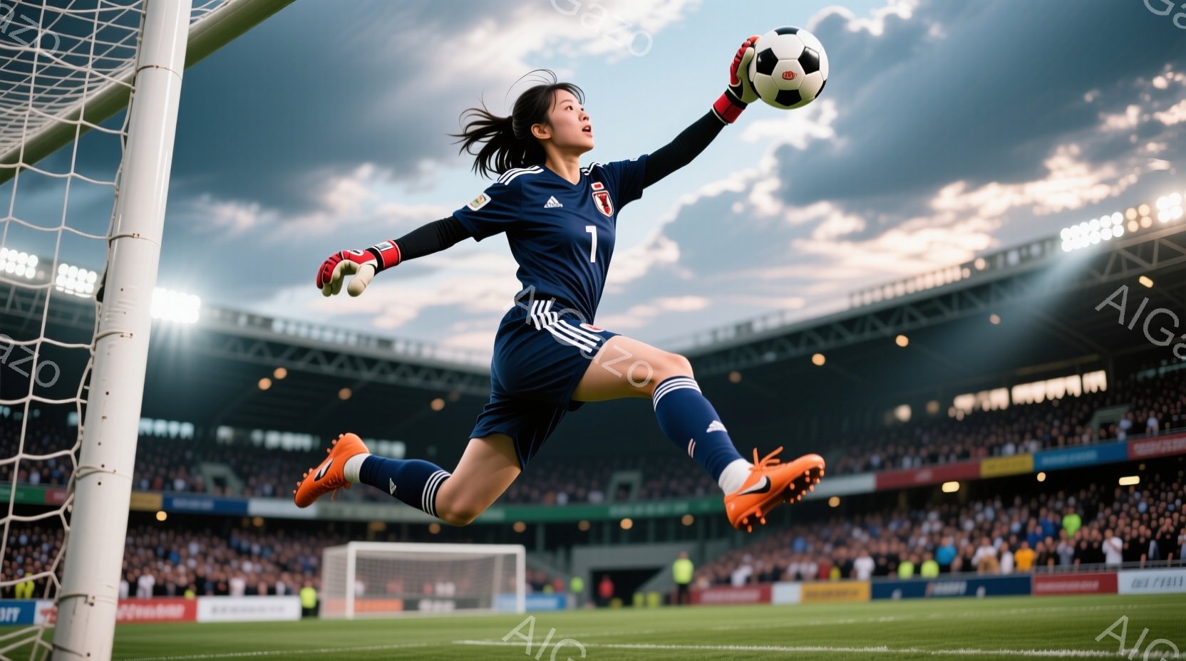 ゴールキーパーの女性が、緑の芝生の上に大きくジャンプしている様子が写っている。彼女は青いユニフォーム、オレンジ色のスパイク、三つ編みの髪をしており、集中した表情でボールをキャッチしようとしている。背景 - AI生成フリー素材