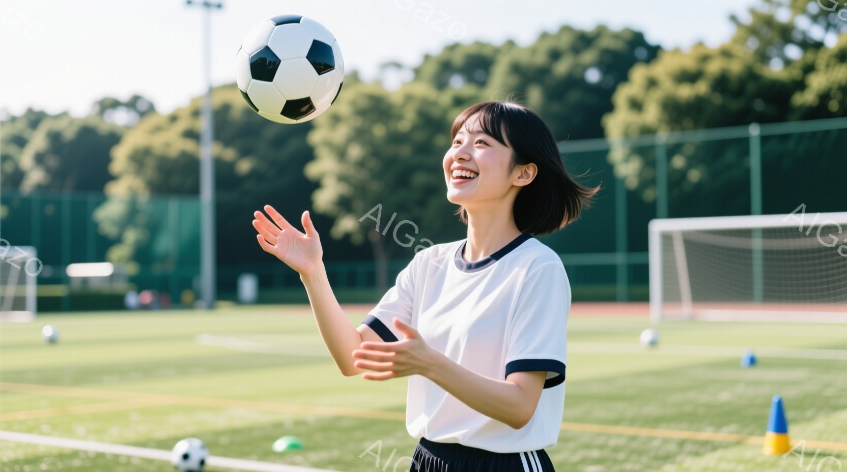 彼女は芝生のサッカー場でサッカーボールを片手で軽く受けている。白いパイピングが施された黒いラインの入った白いTシャツと黒いショーツを着用し、ショートカットの髪をしています。背景にはサッカーゴール、コーン、そして緑豊かな木々が見え、晴れた日の穏やかな雰囲気が漂っている。