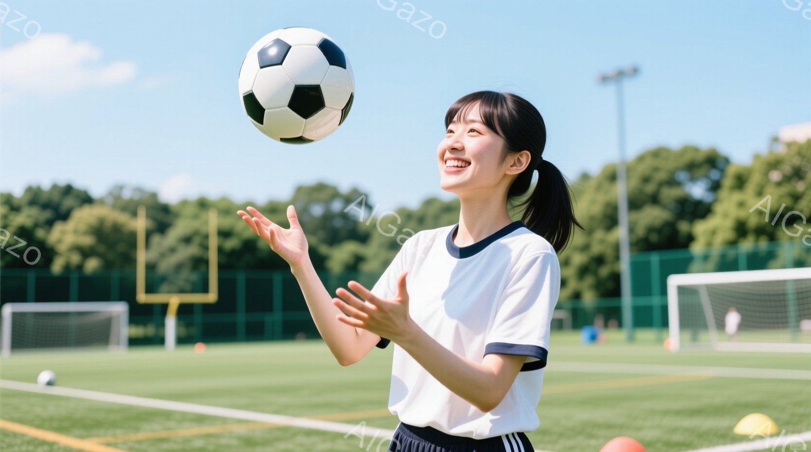 若い女性がサッカーボールを空中でキャッチしようとしています。彼女は白いストライプ入りのシャツと短い黒いスカートを着ており、長い黒髪はポニーテールに結ばれています。背景には緑のサッカー場、ゴールネット、そして晴れた空が広がっており、活気に満ちた夏の日の雰囲気が漂っています。