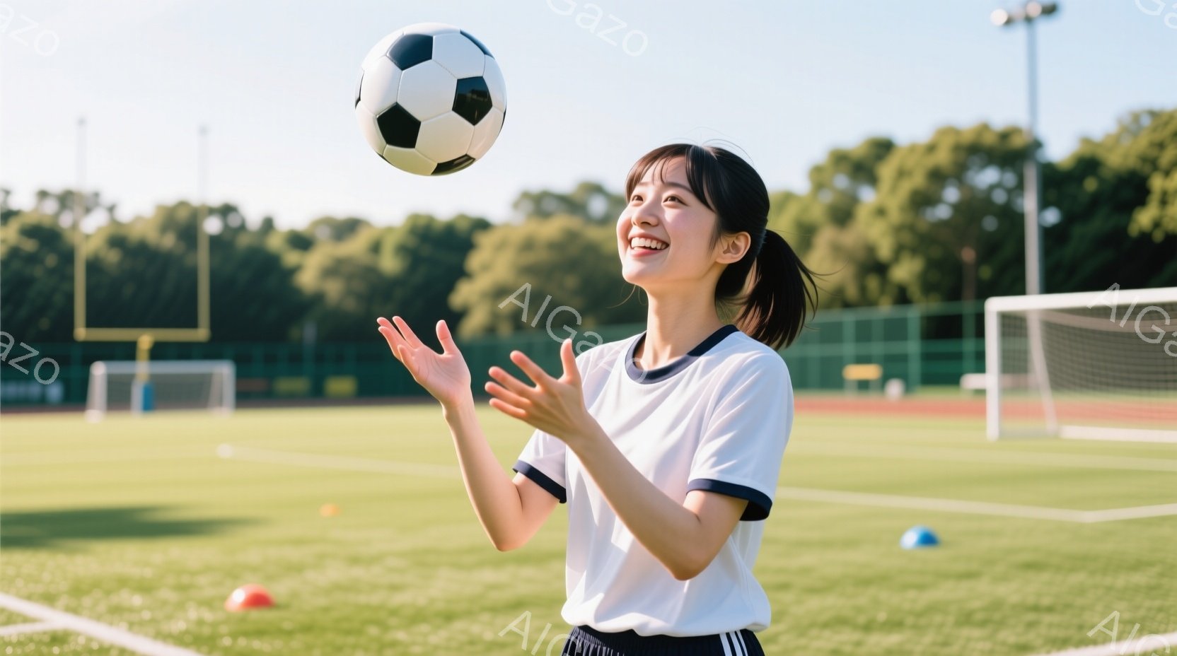 若い女性がサッカーボールを両手で受けるように構え、笑顔を見せています。彼女は白い襟付きのTシャツと黒いパンツを着用し、髪はポニーテールに結ばれています。背景には緑の芝生、サッカーゴール、そして青空が広 - AI生成フリー素材