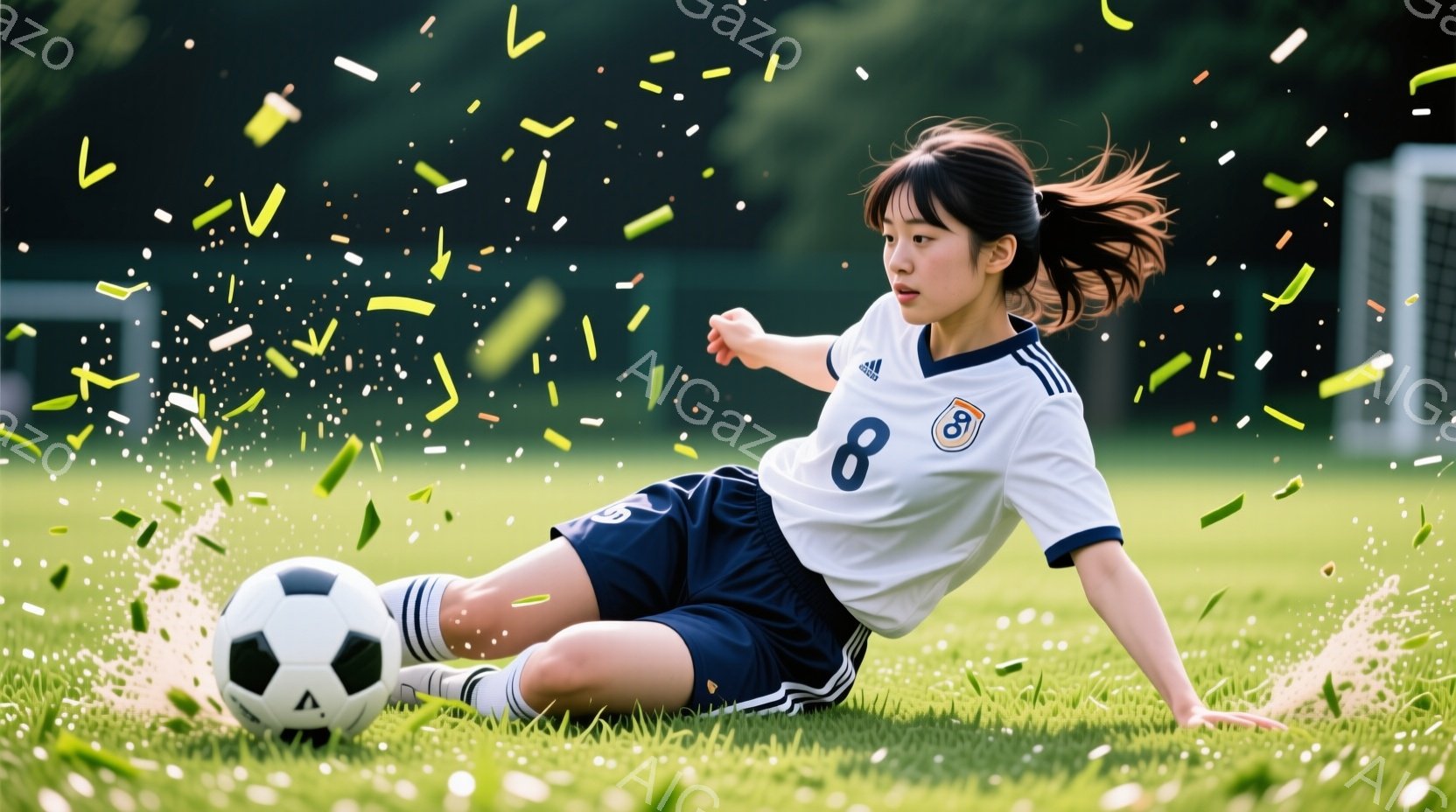 若い女性サッカー選手が緑の芝生の上でボールを蹴り、滑り込むようにしてプレイしています。彼女は白と紺のストライプのサッカーユニフォームとショートパンツを着用し、髪はポニーテールに結ばれています。背景には緑豊かな芝生とサッカーゴールが見え、全体的に活気のある、躍動感のある雰囲気が漂っています。
