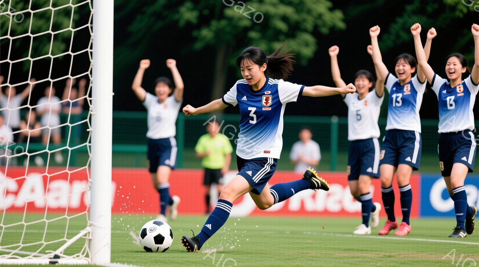 サッカーの試合中に、青いユニフォームと黒いショートパンツを着用した若い女性選手がボールを蹴っています。彼女は髪をポニーテールにし、集中した表情で足を振り抜いています。背景には、同じユニフォームを着たチ - AI生成フリー素材