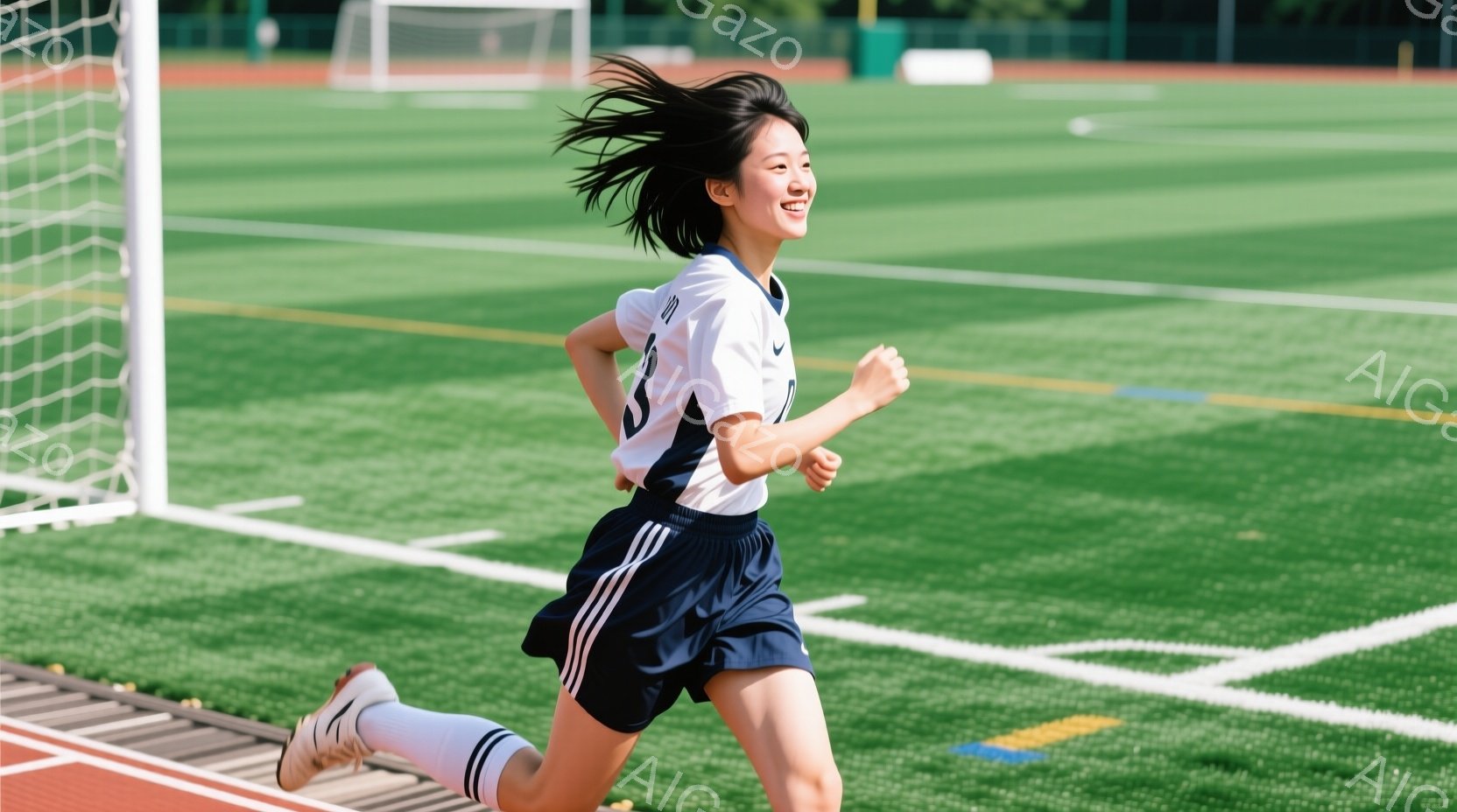 短い髪の女性が、緑の芝生の上を走っている。紺色の短パンと白いサッカーシャツを着ており、左足に白い靴を履いている。背景にはトラックと白いネットのゴールが見え、晴れた日の屋外での活気ある様子が伝わる。 - AI生成フリー素材