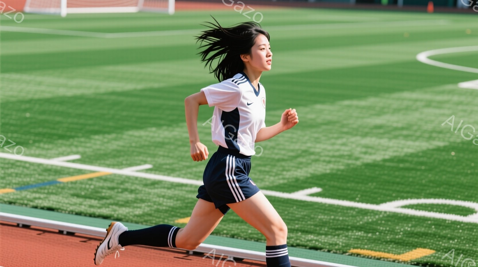 若い女性がトラックを走っている様子が写っている。彼女は白い襟付きのシャツと紺色のショートパンツ、白い靴下とスニーカーを着用し、髪は後ろで一つに結んでいる。背景には緑の芝生とトラックがあり、晴れた日の屋 - AI生成フリー素材