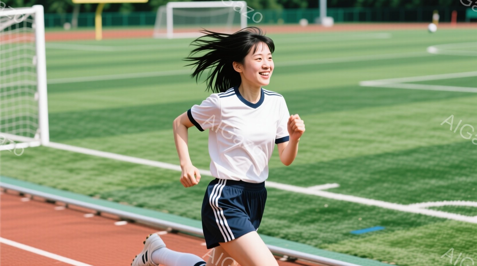 短い黒髪をなびかせ、白いトリムの入ったスポーツウェアを着た若い女性が、緑の芝生のあるトラックを走っている。彼女は笑顔で、走りながら前を見つめている。背景にはサッカーゴールと緑豊かな木々が見え、晴れた日 - AI生成フリー素材
