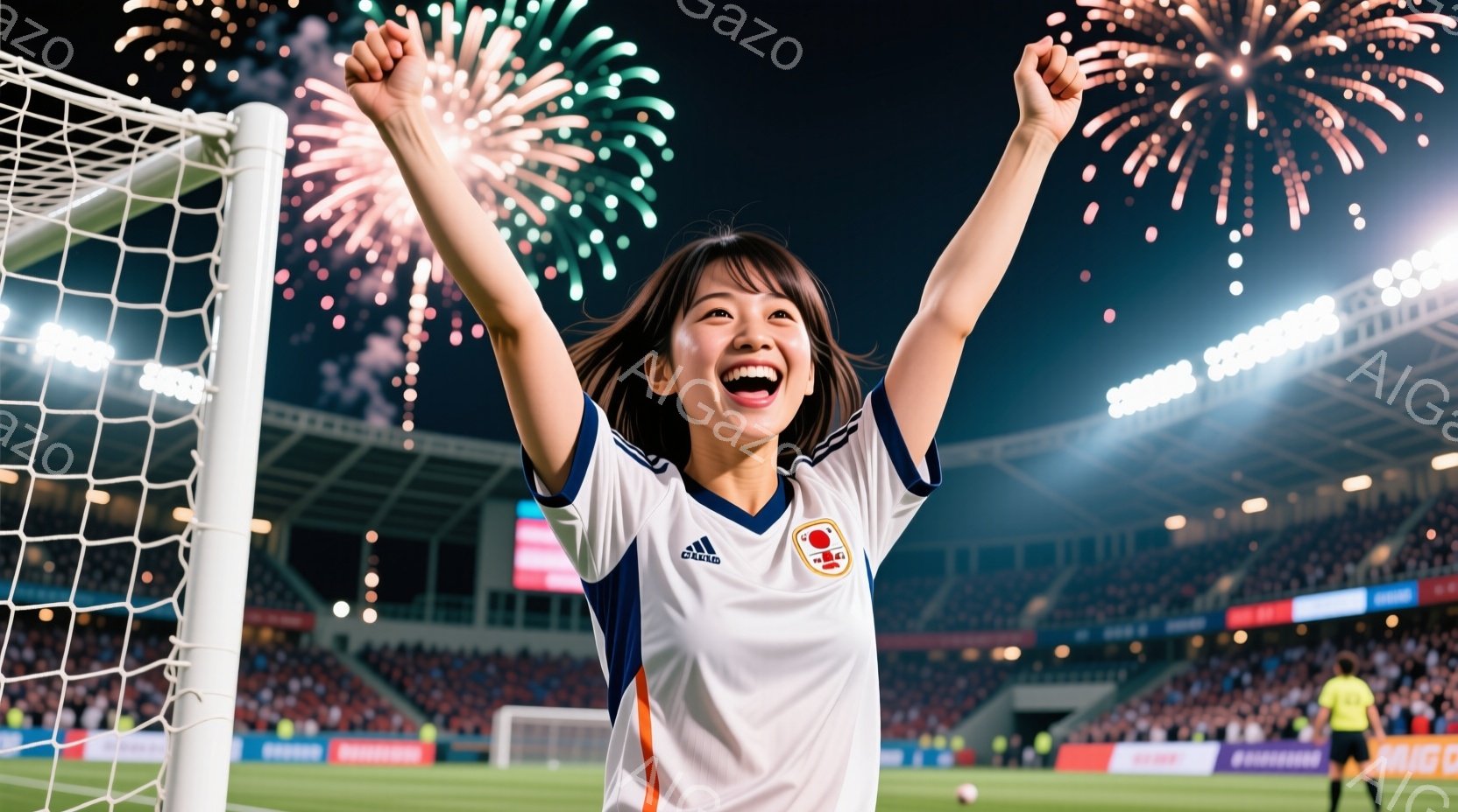 笑顔の女性がサッカーのゴールネットの前で両手を高く上げて歓喜しています。彼女は日本代表のユニフォームを着ており、短く茶色の髪は少し乱れています。背景には満員の観客席と夜空に打ち上げられる花火が見え、勝 - AI生成フリー素材