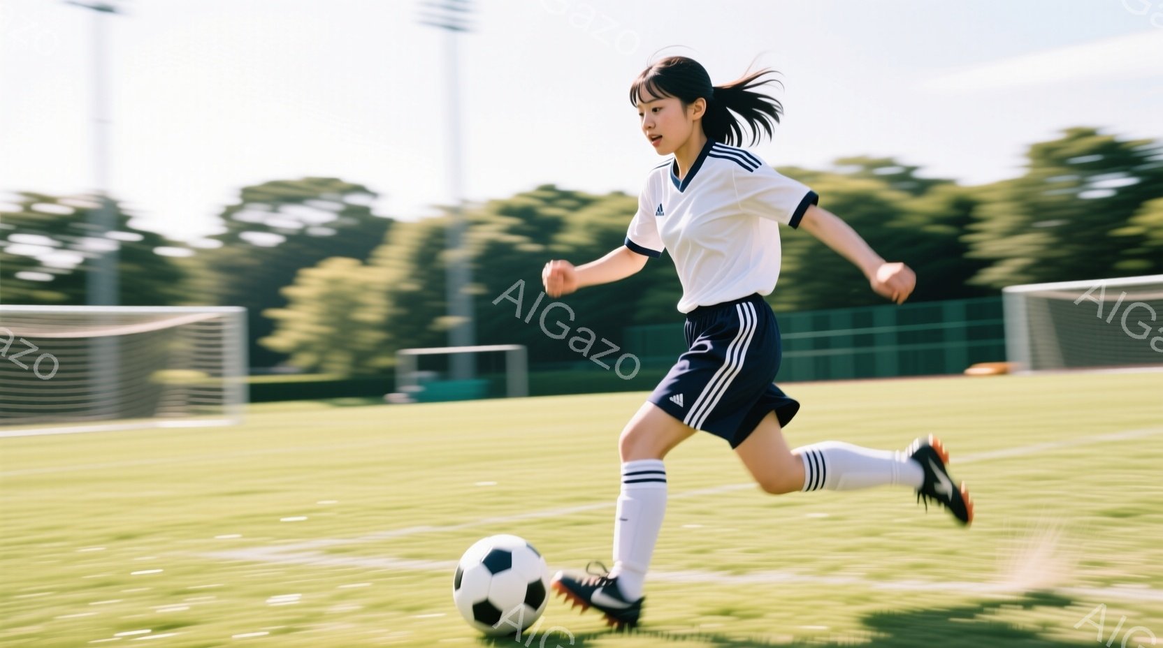 少女は緑の芝生の上でサッカーボールをドリブルしている。白い襟付きのシャツと紺色の短パン、白いソックスに黒いスパイクを履いており、長い髪をポニーテールにしている。背景にはサッカーゴールと木々が見え、晴れ - AI生成フリー素材