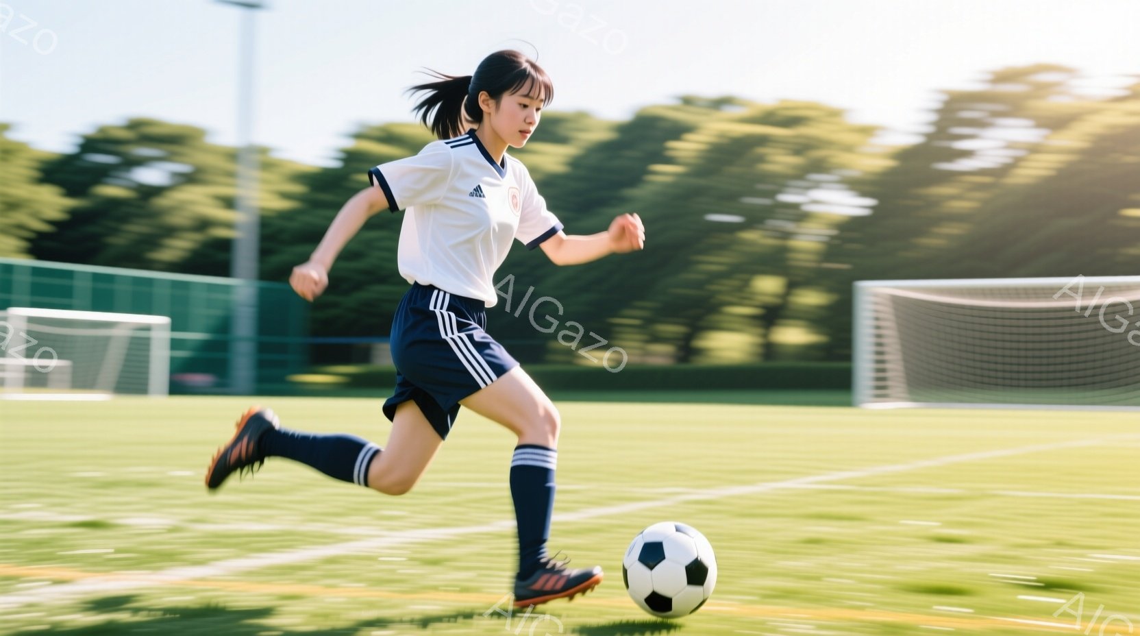 少女は緑の芝生の上をサッカーボールをドリブルしながら走っている。白いシャツに紺色のストライプ、紺色のソックスとスパイクを履き、髪をポニーテールにしている。背景にはサッカーゴールと緑豊かな木々が見え、晴 - AI生成フリー素材