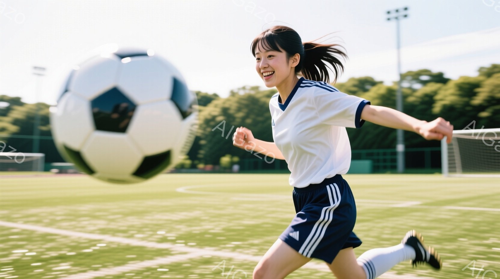 少女はサッカーコートでボールを追いかけながら走っている。白い半袖シャツと紺色の短パン、そして白いソックスと黒いスパイクを着用し、髪はポニーテールに結んでいる。背景には緑豊かな芝生と、遠くに見える木々や - AI生成フリー素材