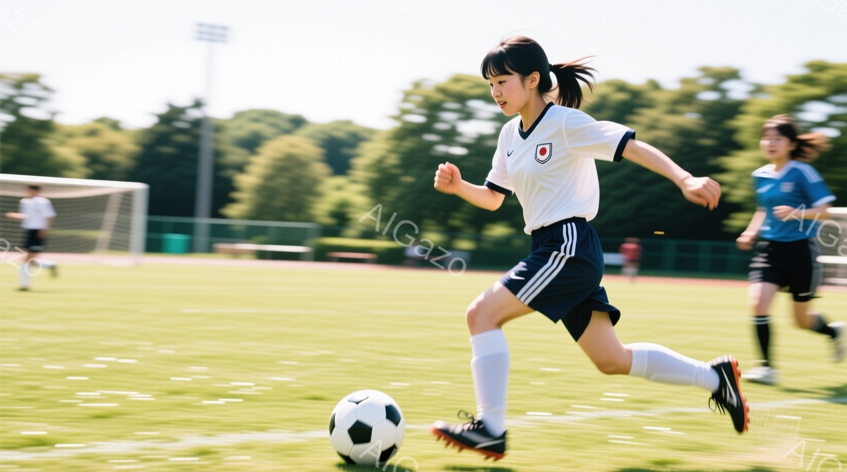 少女がサッカーボールをドリブルしている様子が写っている。白いシャツに濃い青色のショートパンツとソックス、黒いスパイクを履き、ポニーテールにしている。背景には緑の芝生とサッカーゴール、遠くには木々が見え、晴れた日の屋外での活気あるサッカーの試合の雰囲気が伝わる。