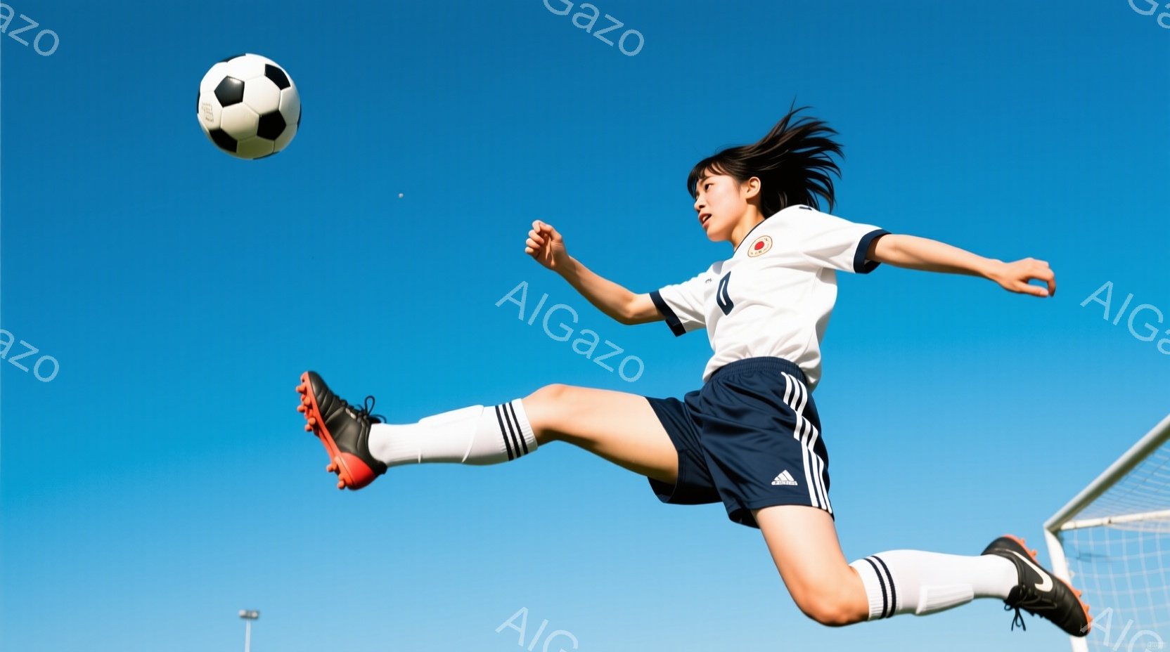 サッカー選手らしき女性が、空中でのボール蹴り動作をとっている。白いシャツに濃い青色のショートパンツ、白いソックスとスパイクを履き、髪は後ろでポニーテールに結ばれている。背景は晴天の青空とサッカーゴール - AI生成フリー素材
