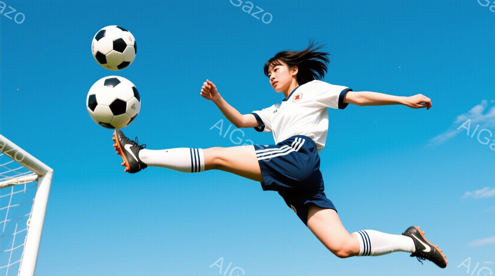 青い空の下、少女がサッカーボールを蹴り上げる瞬間を捉えた写真です。白の半袖シャツと紺色の短パン、白いハイソックスに黒のスパイクを履き、髪は後ろで一つに結んでいます。空は晴れ渡り、背景にはサッカーゴールの一部が見え、躍動感あふれるスポーツシーンを表現しています。