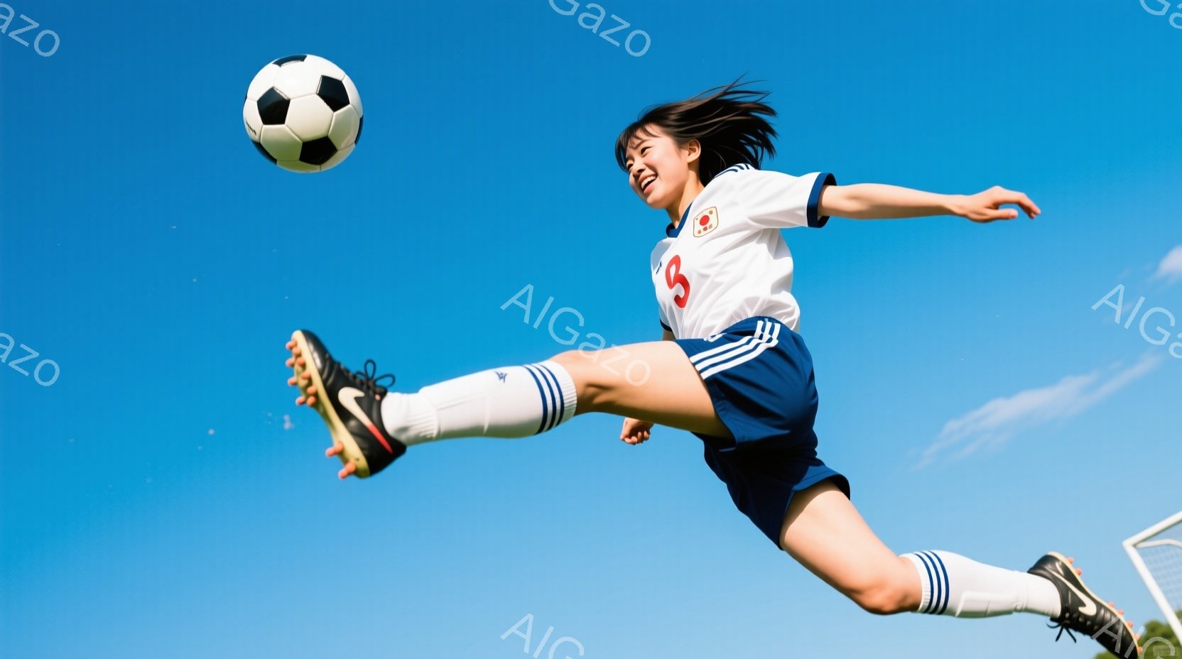 空中で足を高く上げ、サッカーボールを蹴ろうとしている女性が写っている。彼女は白いユニフォームに青いショートパンツ、白いソックス、スパイクを履いており、髪はポニーテールにまとめられている。背景は晴れた青空で、芝生とサッカーゴールの一部が見え、全体的に躍動感と爽やかな印象を与える。