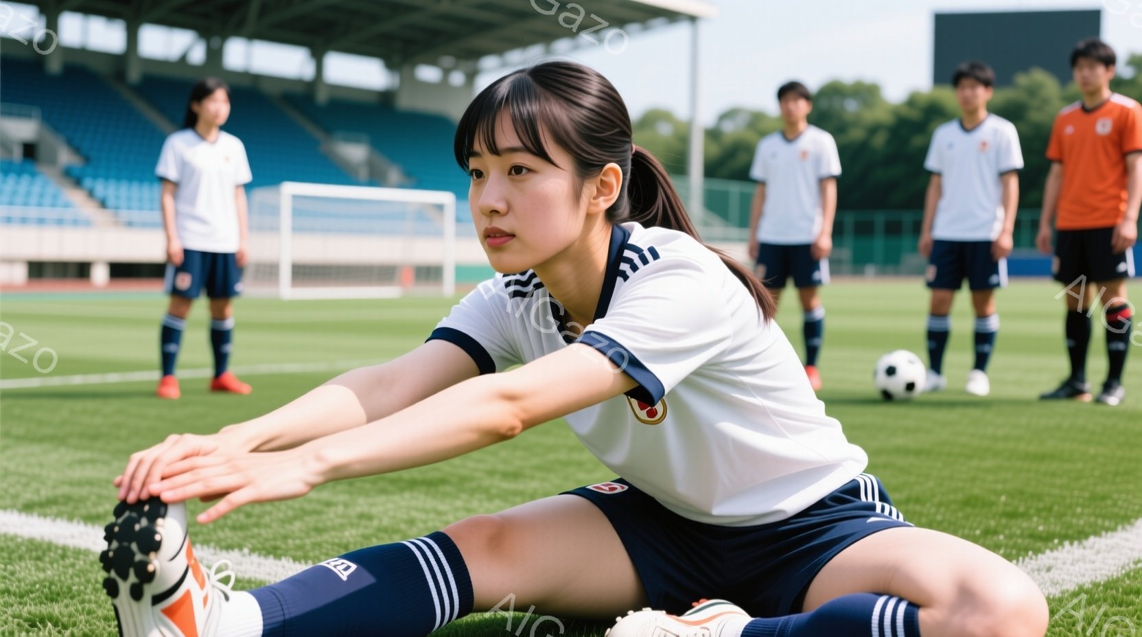 少女はサッカーコートでストレッチをしている。白地に紺色のラインが入ったユニフォーム、紺色のソックス、スパイクを履き、髪は後ろで一つに結んでいる。背景には、他の選手やゴール、そして観客席が見え、晴れた日のサッカー練習風景を表している。