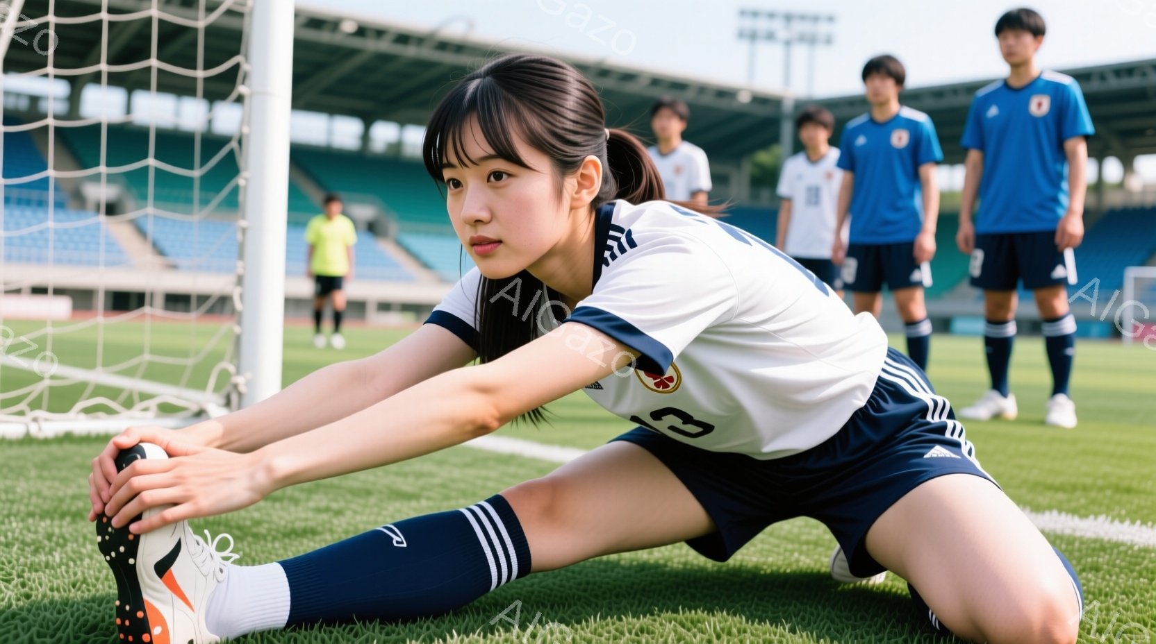 サッカー場の緑の芝生の上で、若い女性がストレッチをしている。彼女は白地に紺色のラインが入ったサッカーユニフォーム、紺色のソックス、そしてスパイクを履いている。背景には他のサッカー選手と観客席が見え、晴 - AI生成フリー素材