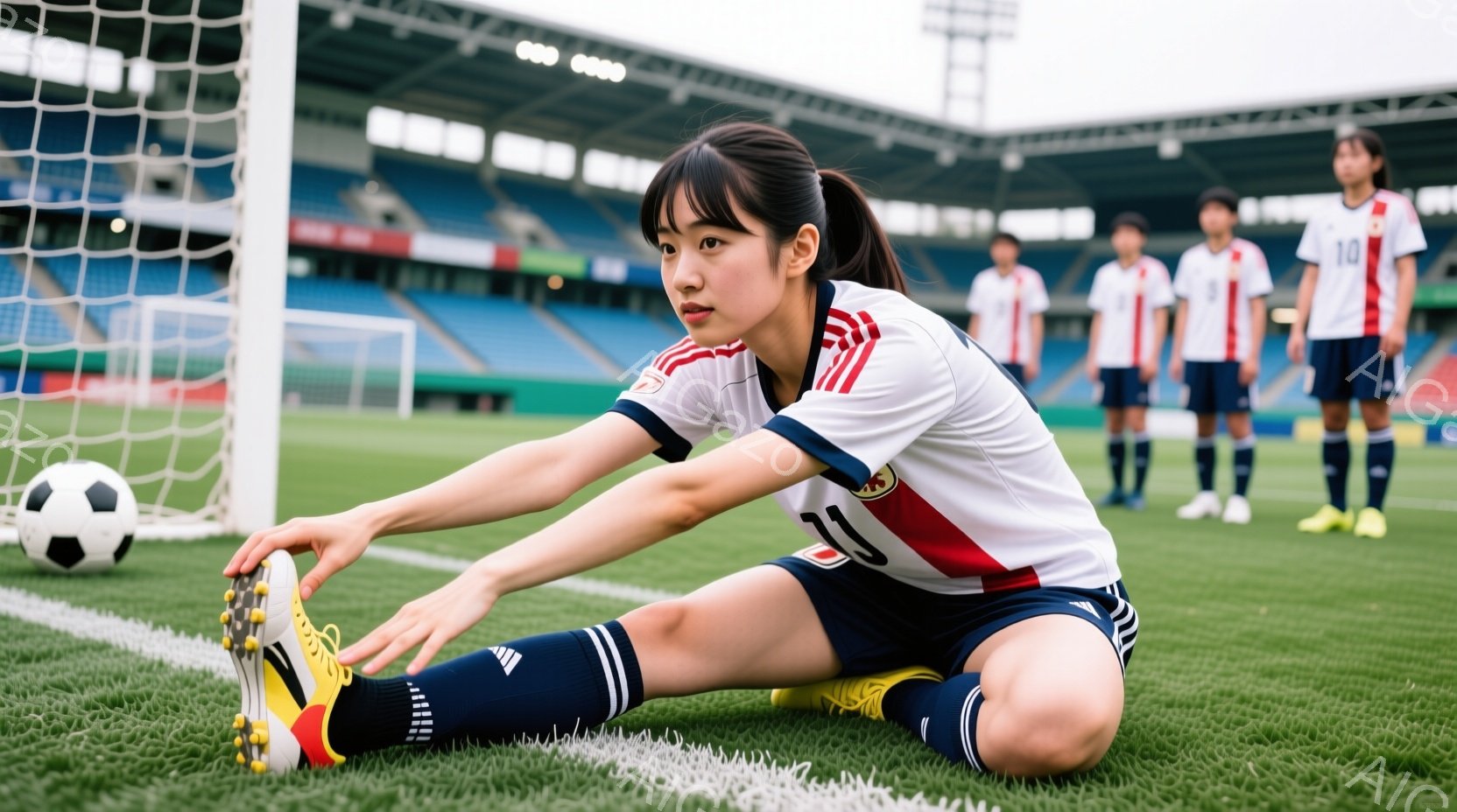 サッカー場の緑の芝生の上に、日本のユニフォームを着た女性サッカー選手が座ってストレッチをしている。彼女は黒い髪をポニーテールにし、真剣な表情で片足を伸ばしている。背景には他の選手たちが立っており、青い - AI生成フリー素材