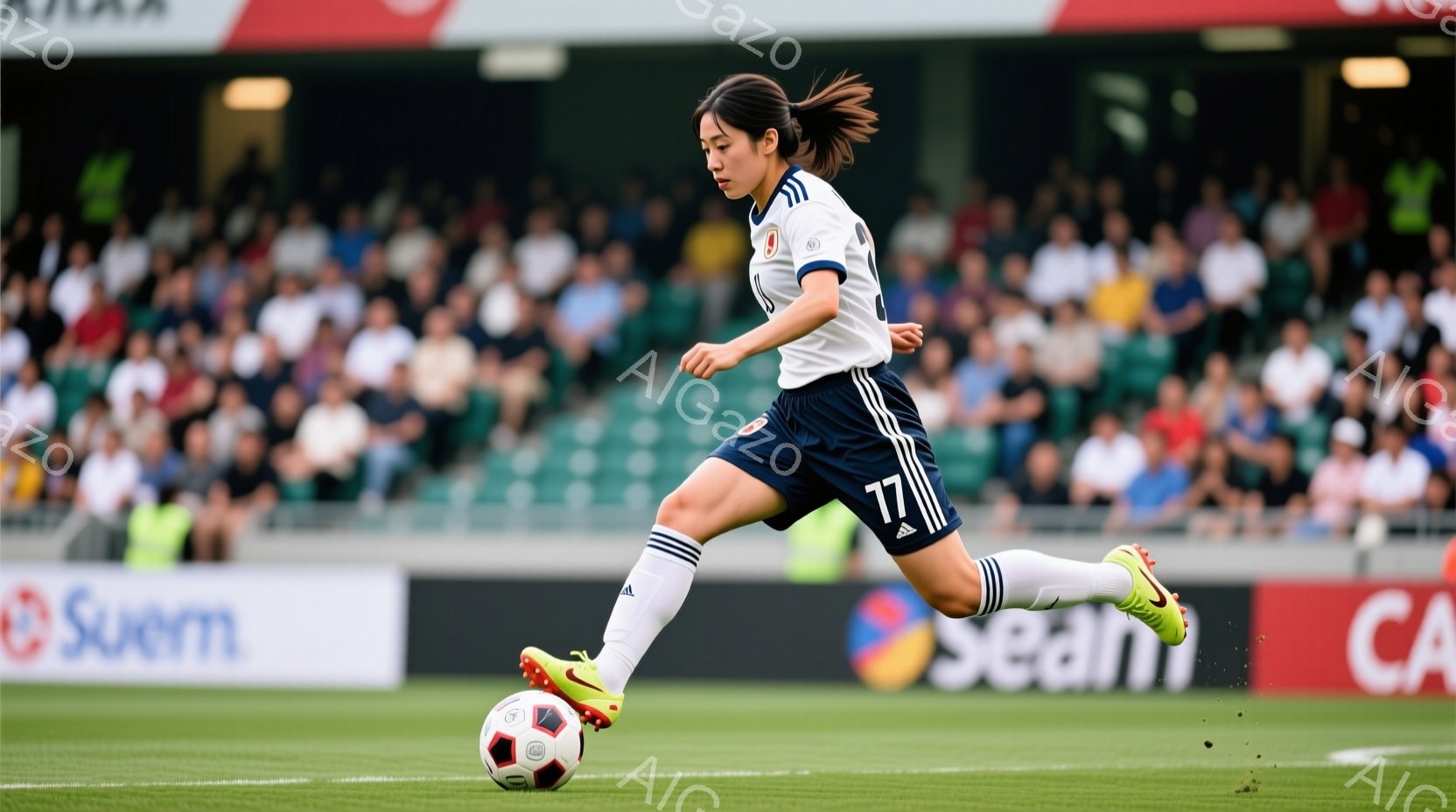 サッカーの試合中にボールをドリブルしている女性選手が写っています。彼女は白いユニフォームに黒いショートパンツ、白いソックスを履いており、髪は後ろでポニーテールに結ばれています。背景には緑色の芝生と観客 - AI生成フリー素材