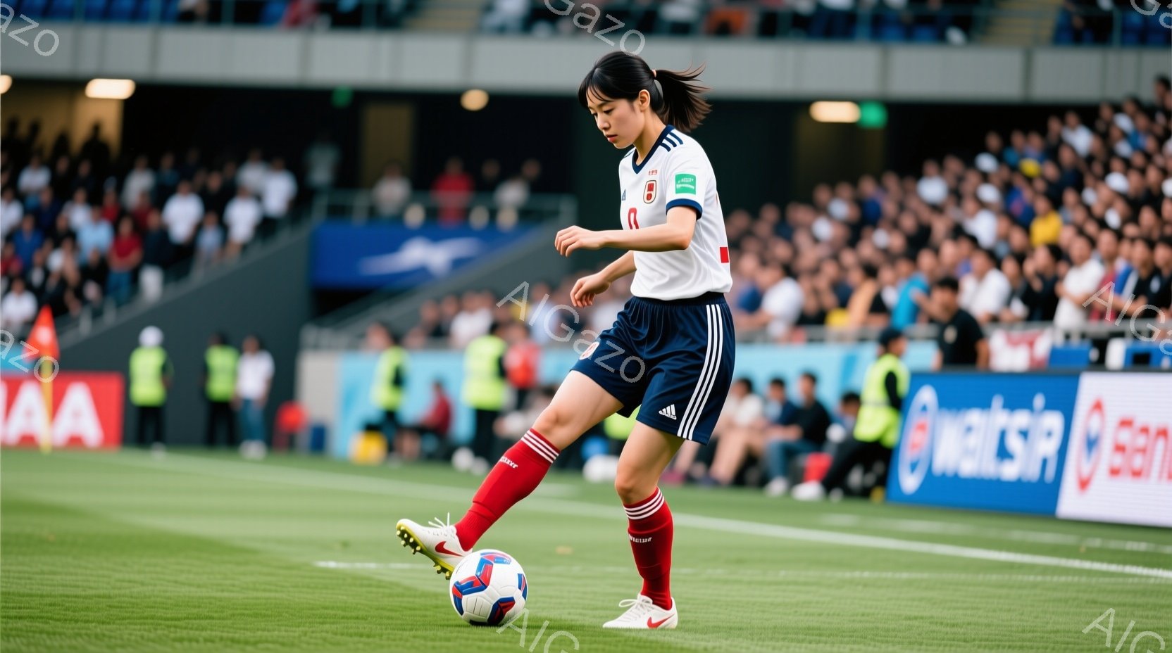 サッカー選手が緑の芝生の上でボールを蹴っている。赤と青のユニフォームと赤いソックスを着用し、髪はポニーテールに結ばれている。背景には観客席が広がり、試合の熱気を感じさせる。 - AI生成フリー素材