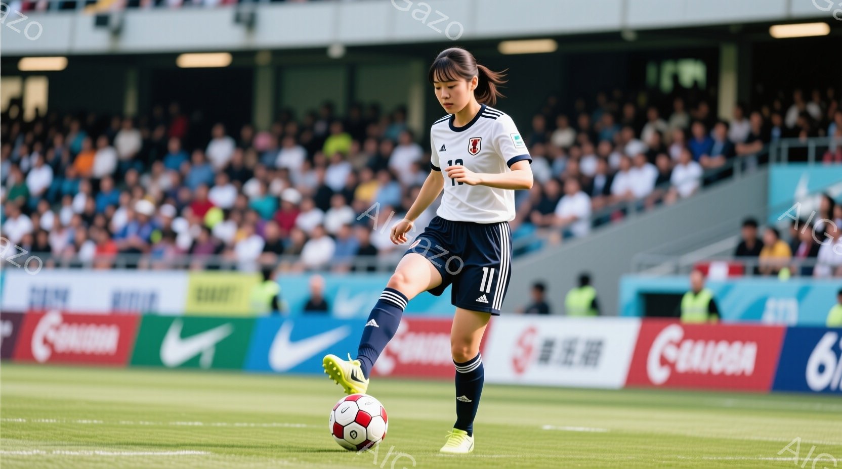 サッカーの選手が、緑色の芝生の上でボールを蹴っています。白いユニフォームに黒いショーツ、そして黄色いスパイクを履き、髪はポニーテールに結ばれています。背景には観客席が見え、広告やスポンサーロゴが並び、 - AI生成フリー素材
