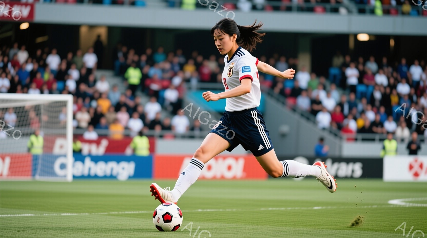 サッカー選手が緑の芝生の上でボールを蹴っている様子が写っています。白のユニフォームと紺色のショートパンツを着用し、髪はポニーテールに結ばれています。背景には観客席が広がり、競技場の雰囲気を感じさせます - AI生成フリー素材
