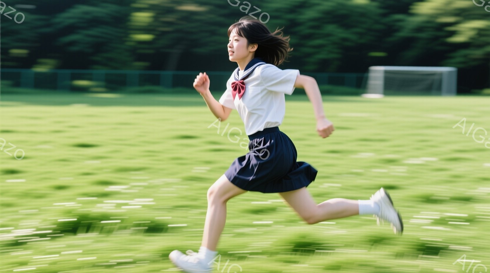 緑豊かな芝生の上を、セーラー服を着た女子高生が勢いよく走っている。彼女は髪を軽くカールさせ、前向きな表情で、運動を楽しんでいる様子が伺える。背景にはサッカーゴールが見え、晴れた日の活気ある屋外のシーン - AI生成フリー素材