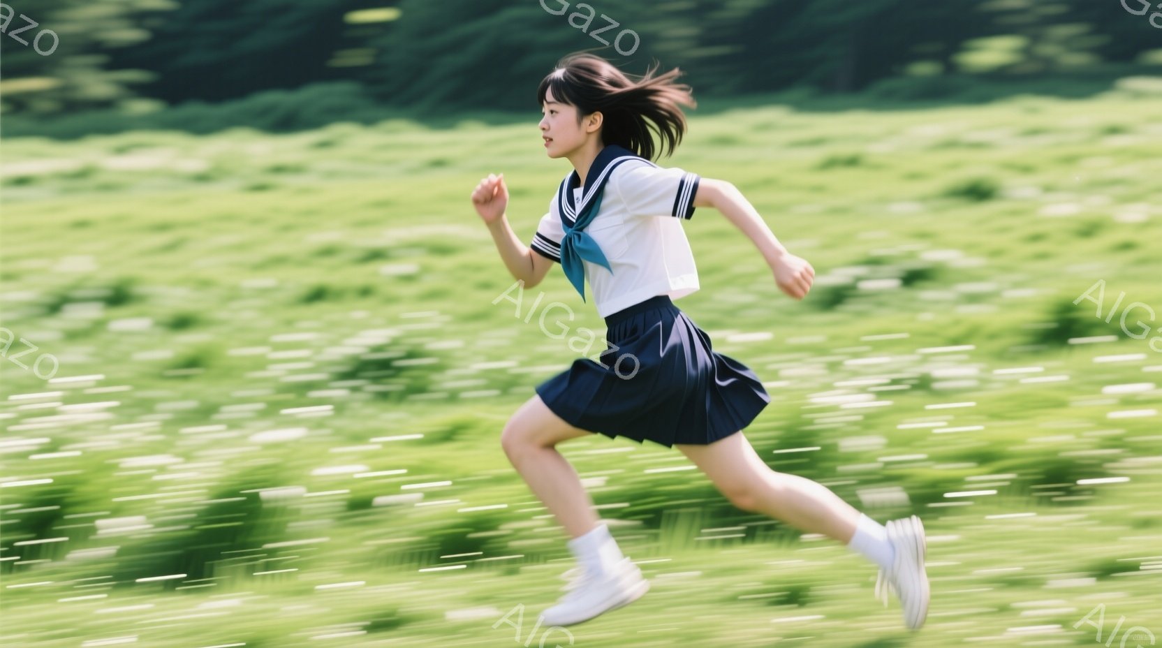 紺色のスカートと白のセーラーシャツを着た若い女性が、緑豊かな草原を力強く走っている。彼女は白い靴下とスニーカーを履き、髪は後ろでポニーテールに結ばれている。背景はぼやけており、動きの速さを強調し、夏の日差しの中で活気に満ちた、自由な雰囲気を醸し出している。