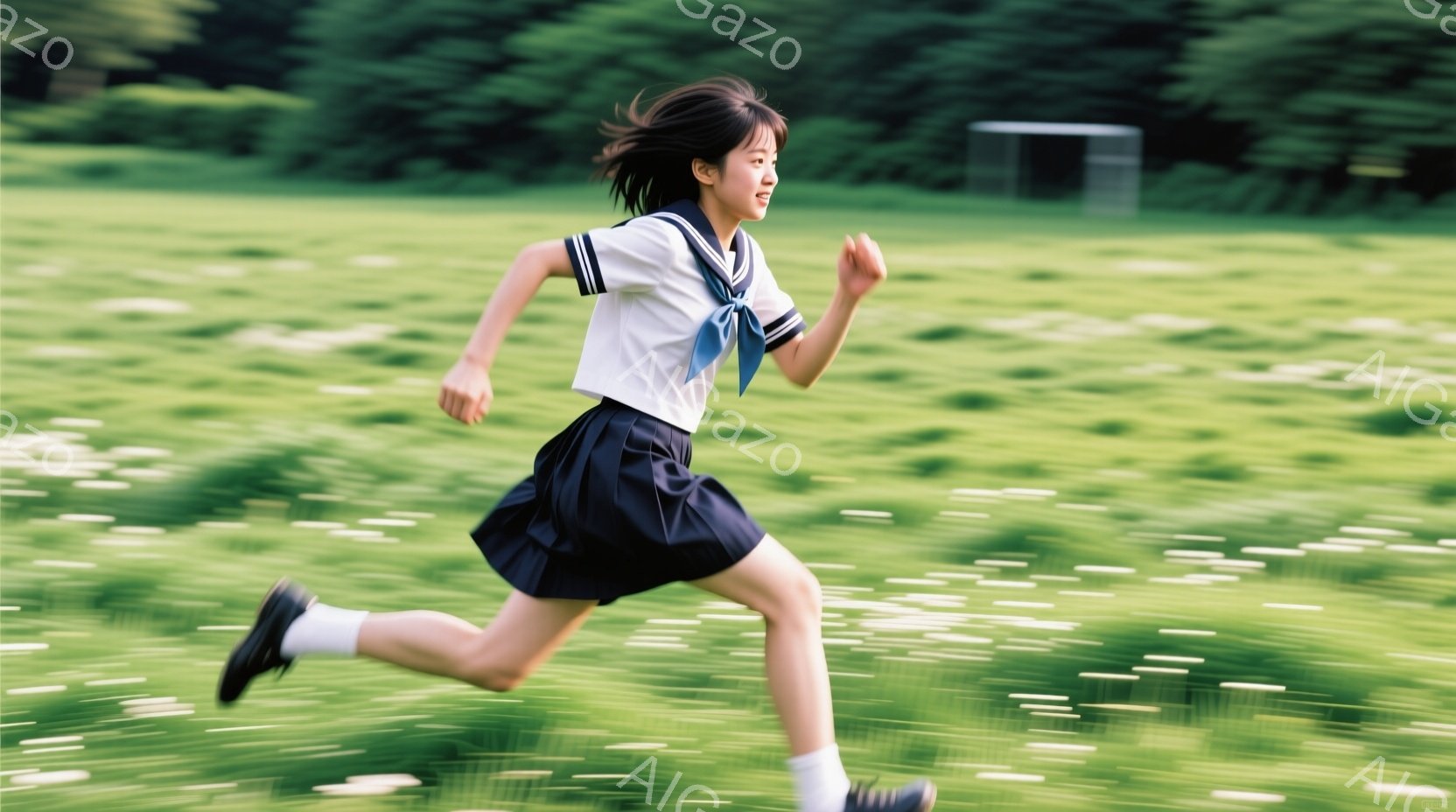緑豊かな草原を、紺色のスカートとセーラー服を着た少女が走り抜けている。髪は肩までの長さで、少し乱れている様子から、活発に駆け回っていることがうかがえる。背景にはぼやけた木々が見え、晴れた日の爽やかな雰囲気が伝わってくる。