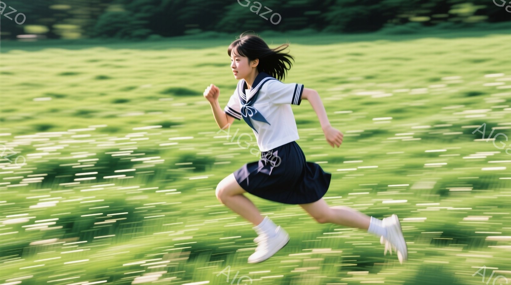 青いスカートと白いブラウスのセーラー服を着た少女が、緑豊かな草原を走り抜けている。髪は肩のあたりで切り揃えられ、走るたびに揺れている。背景はぼやけており、草原の緑と、遠くに見える木々がわずかに見える、躍動感と爽やかさを感じさせる一枚だ。