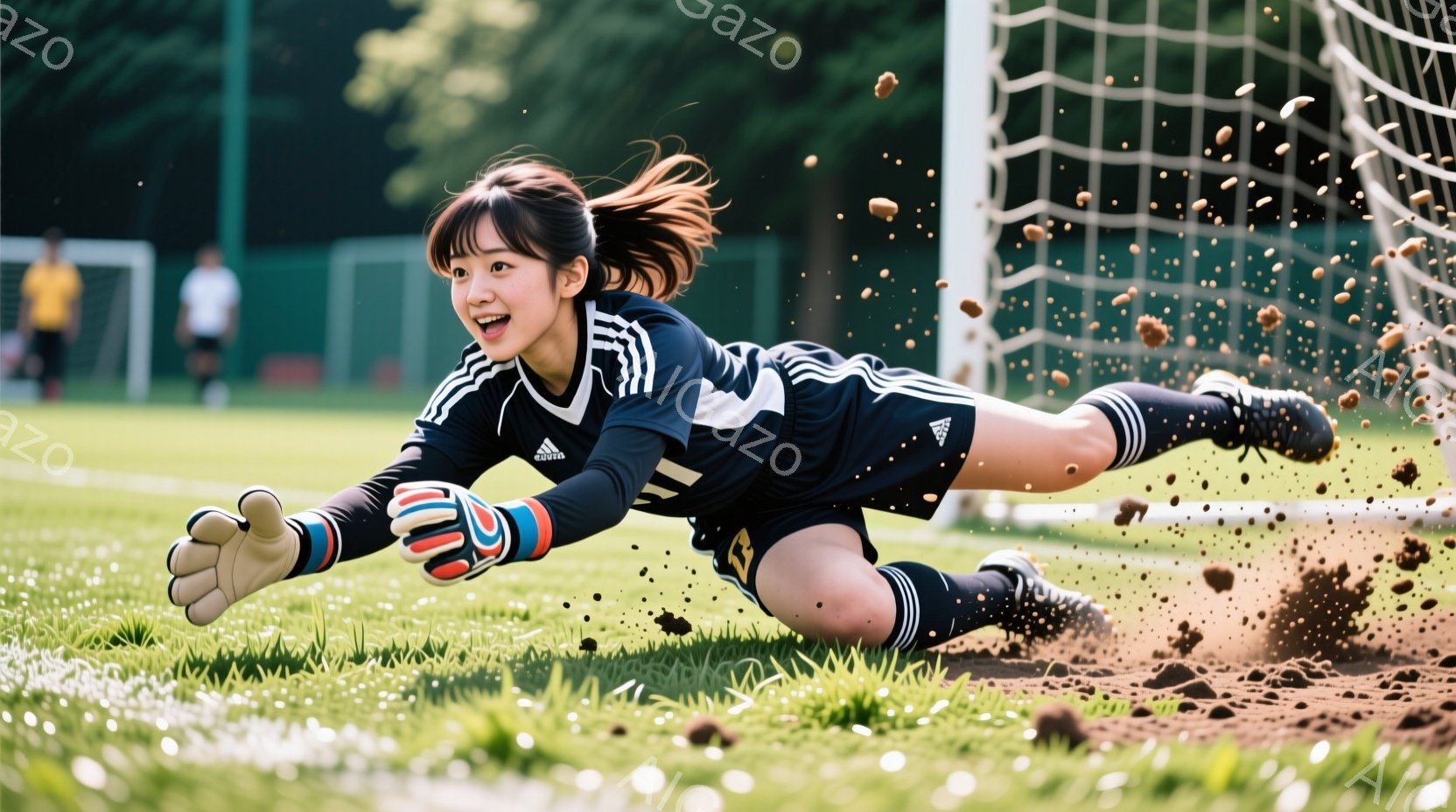 ゴールキーパーの女性が、緑の芝生の上を横向きに飛び込んでボールをキャッチしようとしています。黒いユニフォームに白いストライプ、長い茶色の髪をポニーテールにし、表情は真剣で集中しています。背景にはサッカ - AI生成フリー素材