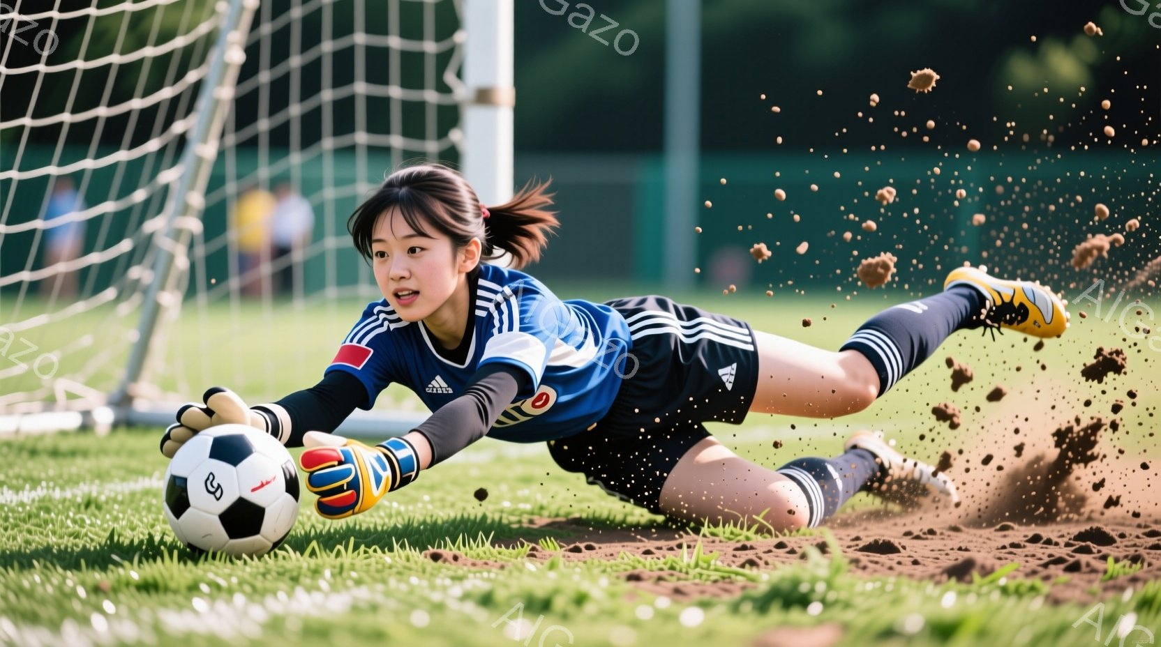 青いユニフォームと黒いショートパンツを着用した女性が、芝生のフィールドでゴールキーパーとしてボールをキャッチしようと体を投げ出しています。彼女は長い髪を後ろで束ね、集中した表情で、泥だらけの地面に膝をついています。背景にはサッカーゴールネットとぼやけた緑の木々が見え、活気のあるスポーツシーンを捉えた一枚です。