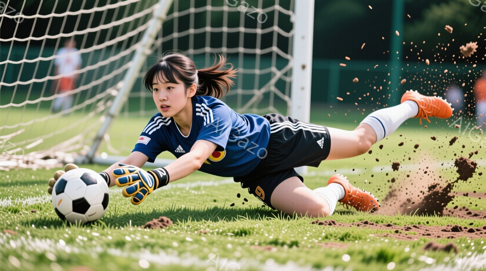 紺色のユニフォームを着た若い女性サッカー選手が、土煙を巻き上げながらゴールキーパーとしてボールをキャッチしようとしています。彼女は髪をポニーテールにしており、真剣な表情でゴールに向かって体を投げ出して - AI生成フリー素材