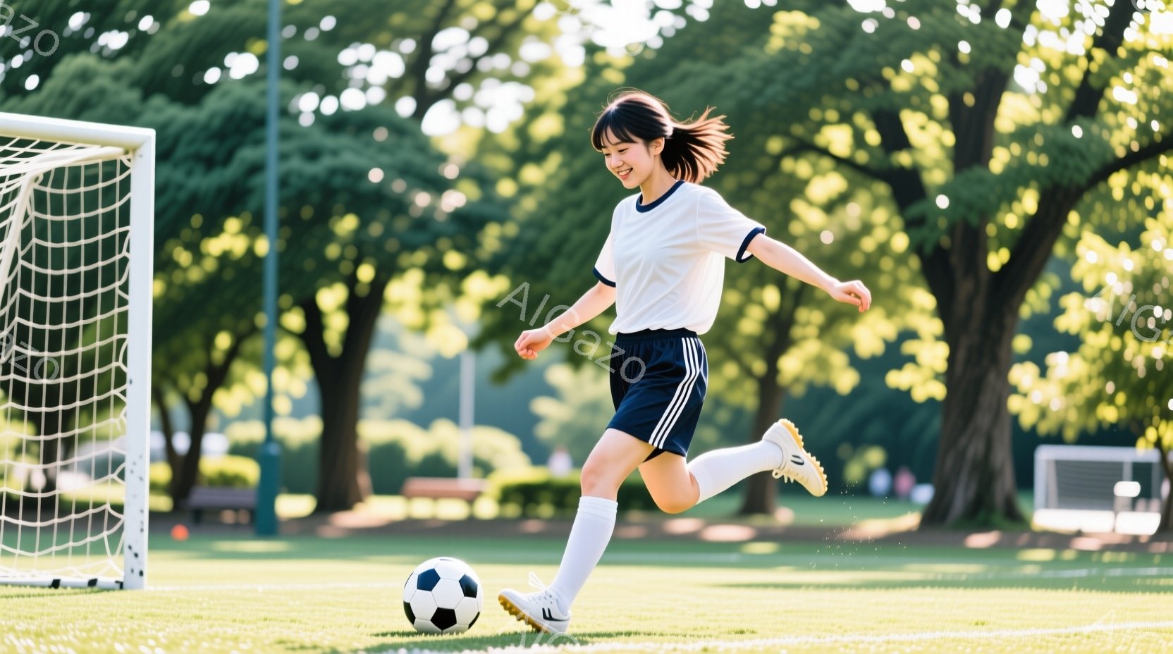 若い女性がサッカーボールを蹴っています。白と黒のストライプが施された半袖シャツと、濃い青色のショートパンツ、白いソックスとスパイクを履いており、髪はポニーテールに結ばれています。背景には緑豊かな木々が - AI生成フリー素材