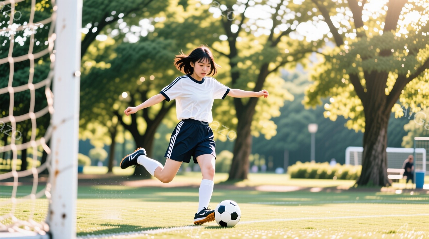 若い女性がサッカーボールを蹴っている様子が写っている。彼女は白い半袖シャツと黒いショートパンツ、白いソックスと黒いスパイクを着用し、髪は肩まで伸ばして後ろでポニーテールにしている。背景には緑の芝生、木 - AI生成フリー素材