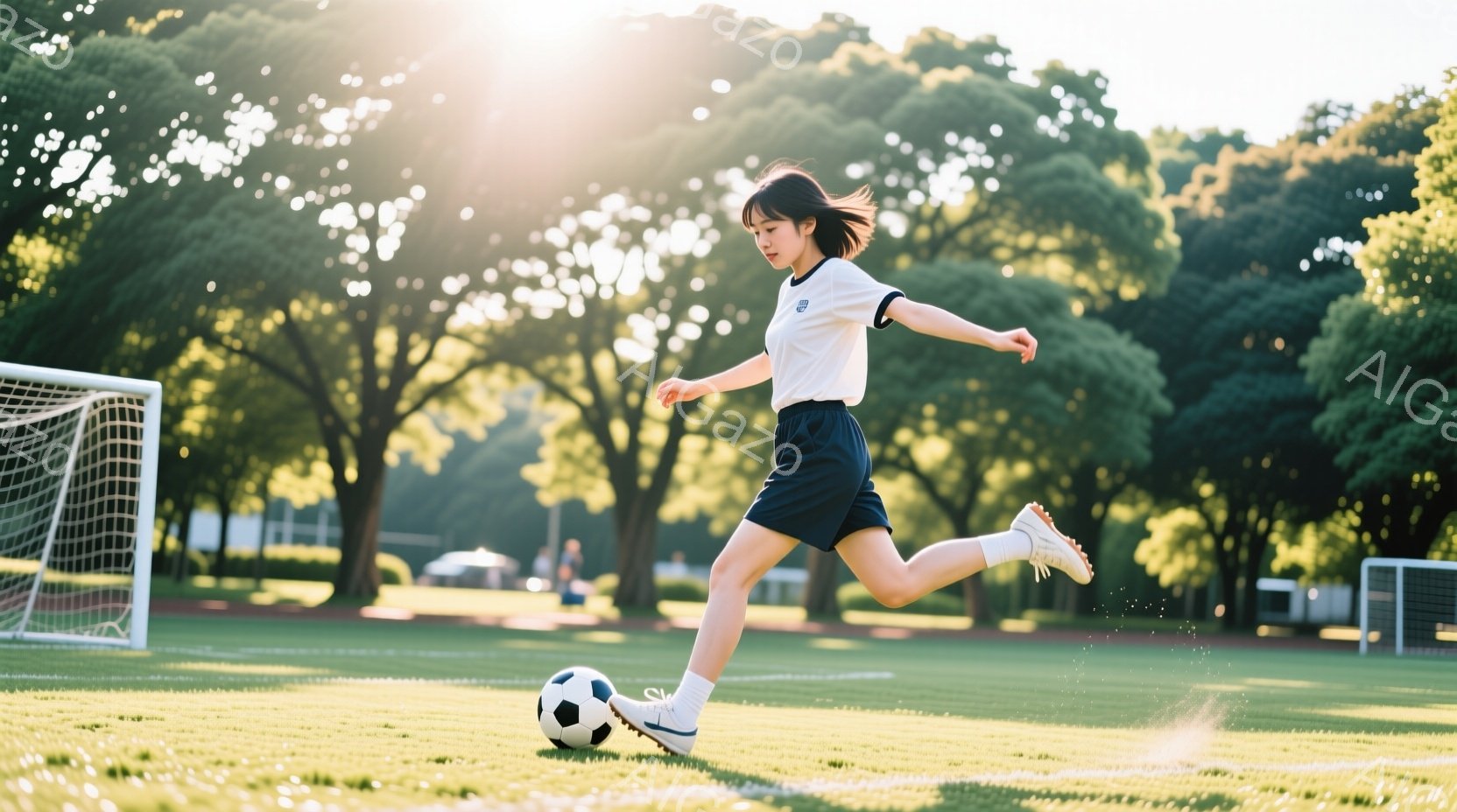 少女は緑の芝生の上でサッカーボールを蹴っている。白い半袖シャツと紺色の短パン、白いスニーカーを身に着け、髪は後ろで一つに結んでいる。背景には木々が生い茂り、晴天の下、爽やかな雰囲気が漂っている。 - AI生成フリー素材