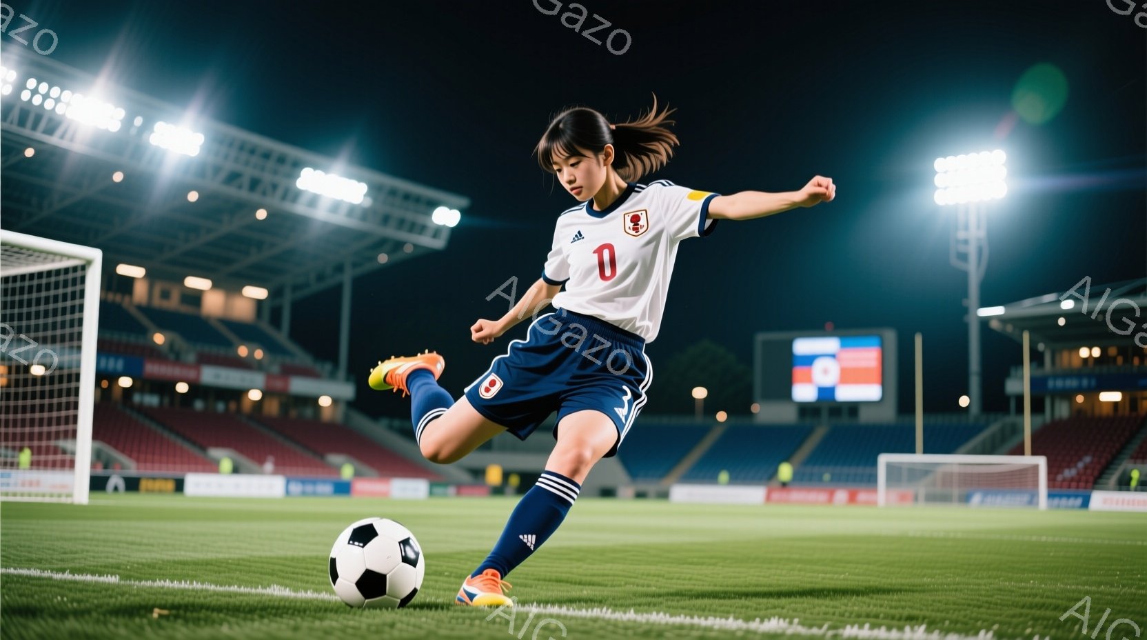 サッカー選手が緑の芝生の上でボールを蹴る瞬間を捉えた写真です。彼女は白と青のストライプのユニフォーム、ショートパンツ、ソックスを着用し、髪をポニーテールにしています。背景には観客席が広がり、夜のスタジ - AI生成フリー素材