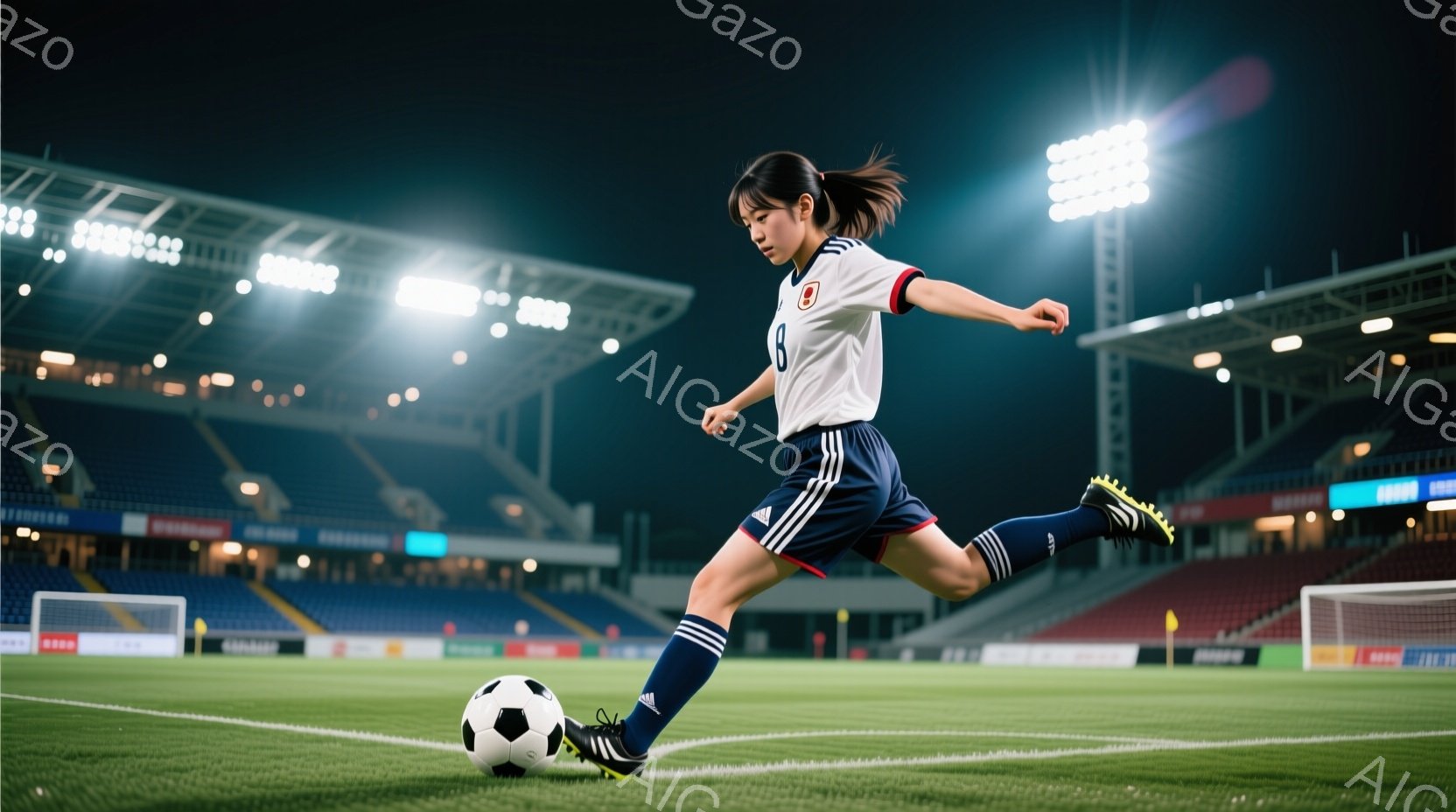 サッカー選手が緑の芝生の上でボールを蹴っている姿が写っている。彼女は白と水色のストライプのユニフォーム、黒のショートパンツ、そしてハイソックスを着用し、髪はポニーテールに結んでいる。背景には観客席が広 - AI生成フリー素材