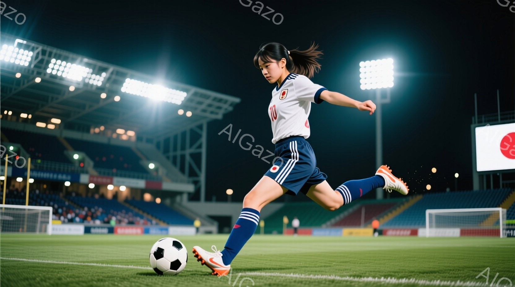 サッカー選手が緑の芝生の上でボールを蹴る瞬間を捉えた写真です。白のユニフォームに青いショートパンツとソックスを着用し、髪はポニーテールにまとめられています。背景には観客席や照明のあるサッカー場が広がり - AI生成フリー素材