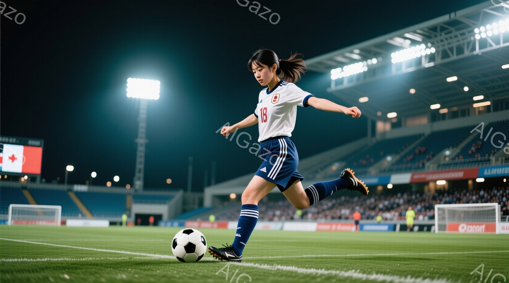 サッカー選手が緑の芝生の上でボールを蹴っている。白い長袖のユニフォームに青いショートパンツ、黒いソックスを履き、髪はポニーテールにしている。背景には観客席が広がり、夜間のサッカー場という雰囲気で、試合 - AI生成フリー素材