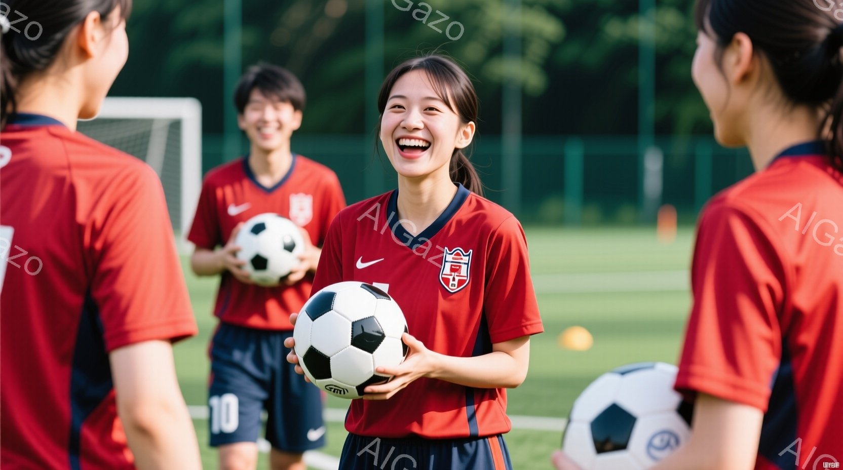 赤いユニフォームを着た女性サッカー選手が写っており、満面の笑みを浮かべてサッカーボールを持っています。彼女はショートヘアで、他の選手たちと芝生のフィールドに立っており、背景にはゴールネットと緑豊かな木 - AI生成フリー素材